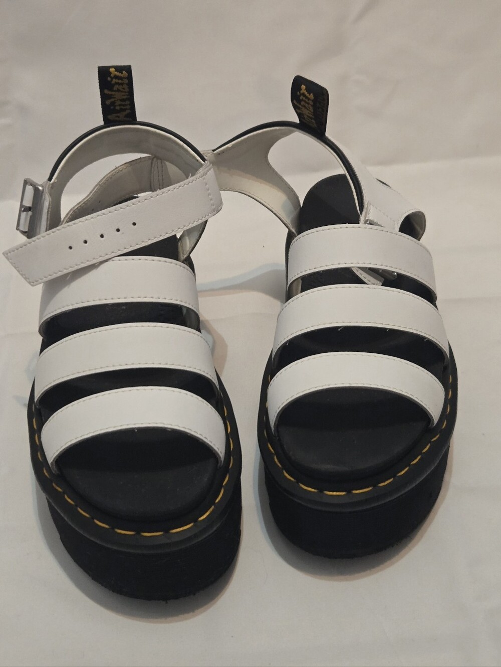Dr. Martens White Multi-Strap Platform Sandals with Yellow Stitching
